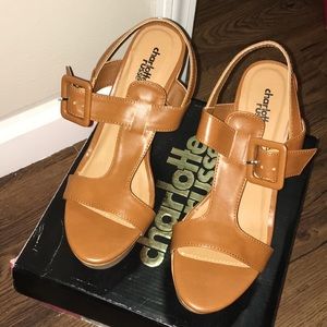 Cognac open toe wedges